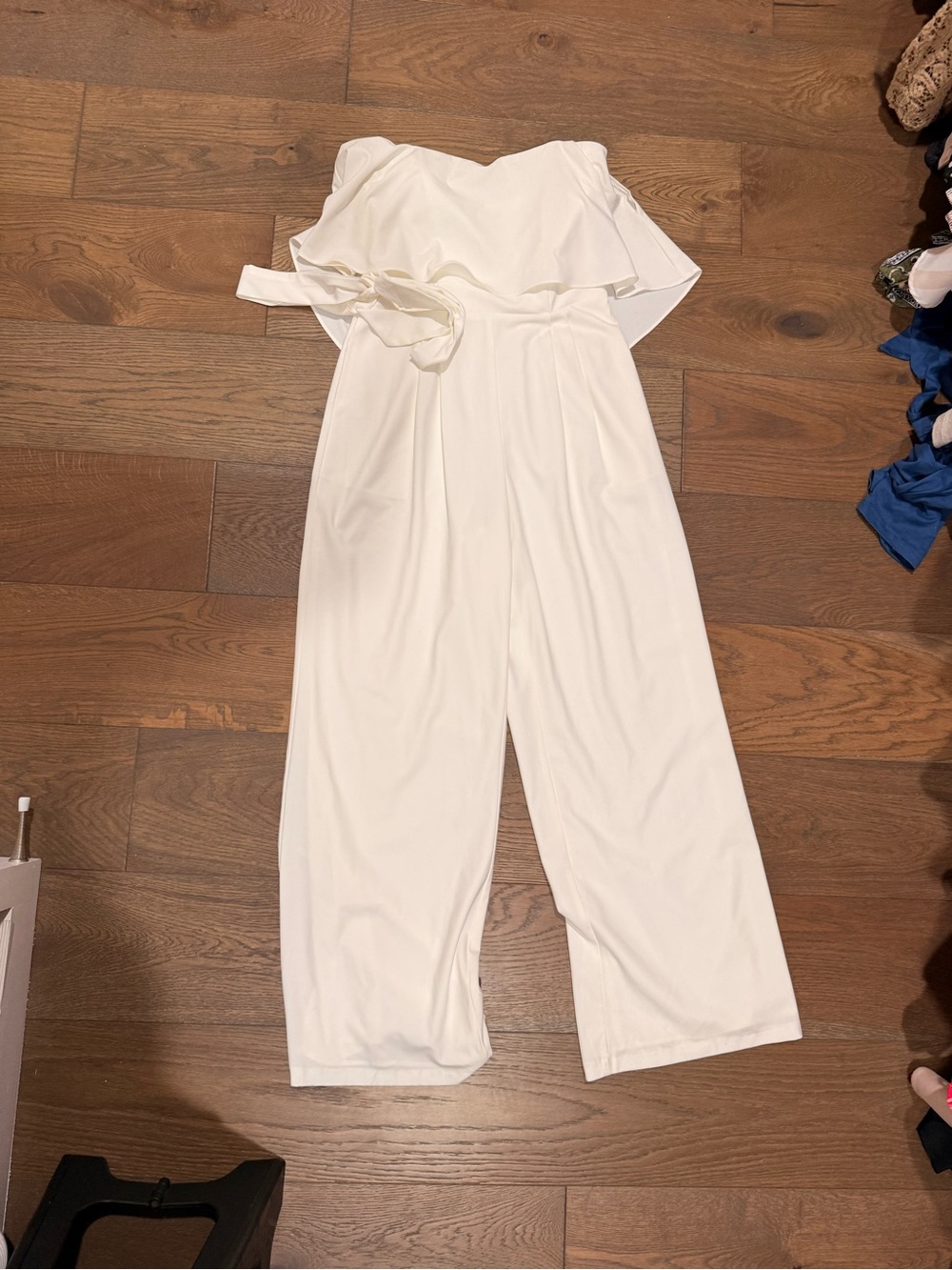 Adelyn Rae Ivory Strapless Wide-Leg Jumpsuit with Waist Tie